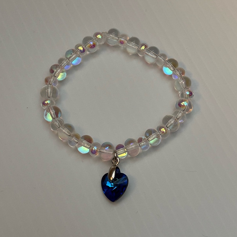 Handmade Iridescent Beaded Bracelet with Blue Heart Charm